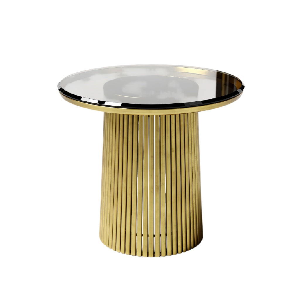 Modern Round Glass Top Table with Slatted Gold Base